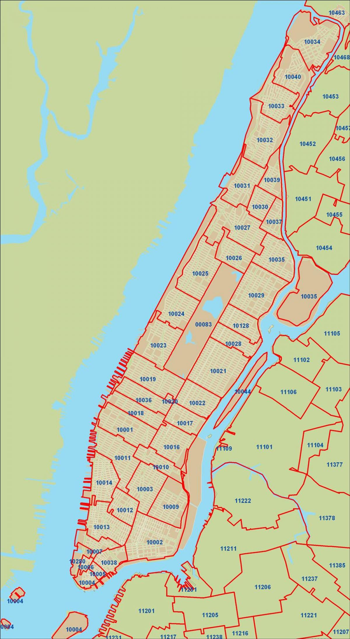 NYC ज़िप कोड नक्शा मैनहट्टन