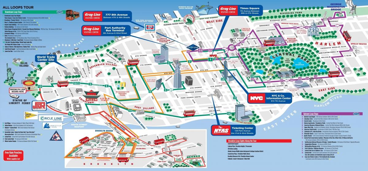 मैनहट्टन पर्यटकों के आकर्षण का नक्शा